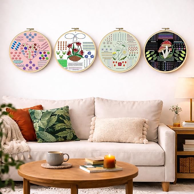 Moni Crafts - Embroidery Kit for Beginners Adults – Learn 41 Stitches with Complete Starter Kit, 4 Pre-Printed Patterns, Threads, Needles & Hoop – Hand Embroidery Kit with Video Tutorials