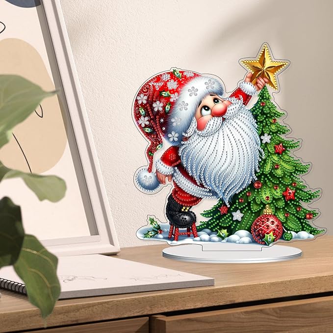 VODAPYC Christmas Gnome Diamond Art Tabletop, DIY Stand Up Double Sided Special Shaped Diamond Art Desktop Ornaments for Home Decor(Santa Christmas Tree)