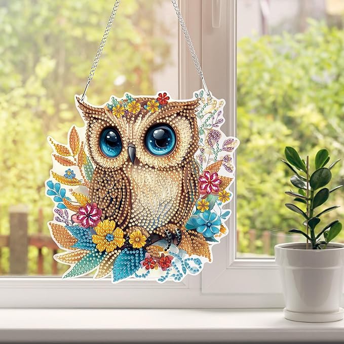 HEIBAGO Owl Hanging Diamond Art Kits for Adults, Fall Special Shaped Crystal Diamond Painting Ornament Kit, DIY Double-Sided Pattern Window Pendant Gem Art Kit for Home Wall Decor 8.3x8.3inch