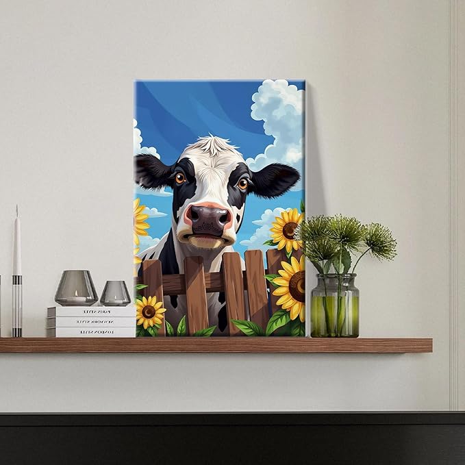 JOOZ Cow Paint by Numbers Kit for Adults with Frame Sunflower Paint by Number with Easel Adult Paint by Number Kits Framed Canvas Oil Painting Kits for Home Wall Decor 8x12 Inch