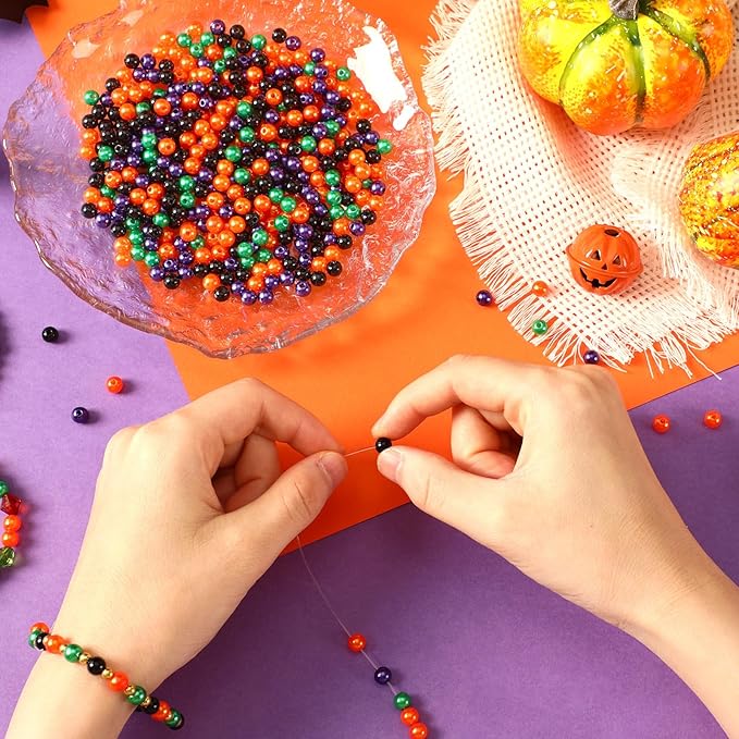 UPINS 1200Pcs Halloween Beads Round 6mm Black Purple Orange Green Pearl Beads for Jewelry Making Halloween Mardi Gras Party Decoration Necklace Bracelets Hair Beads DIY Crafts (4 Colors)