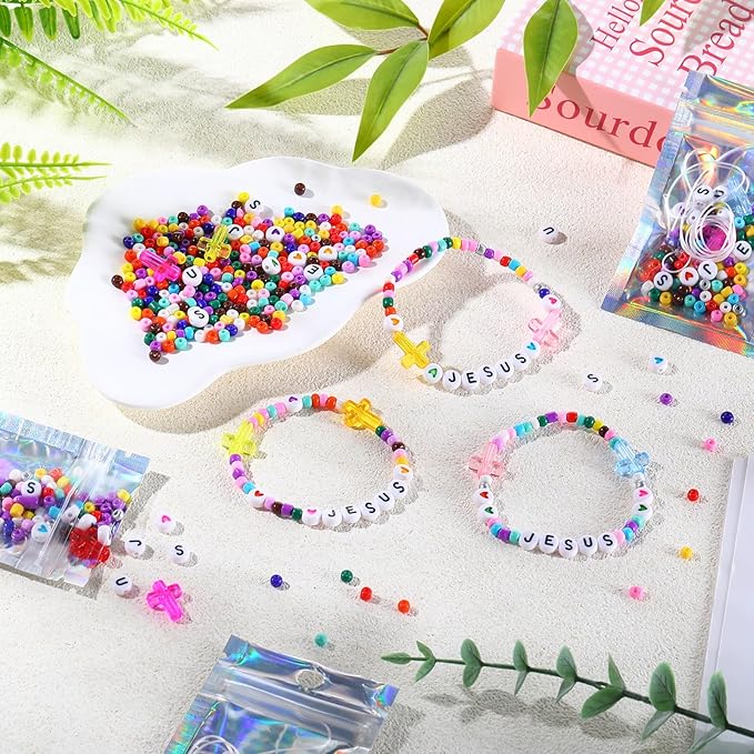 Tondiamo 24 Pack Christian Bead Bracelet Kits with Jesus Letter Beads, Heart Beads & Elastic Strings Religious Jesus Bible Crafts for Church Events, Sunday & Personal Crafting