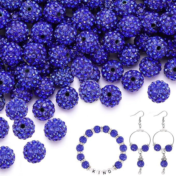 200pcs 10mm Dark Blue Rhinestone Beads for Jewelry Making, Shiny Round Shamballa Disco Ball Beads Bulk, Sparkle Crystal Clay Christmas for Bracelet Baseball Necklace Earring Crafting and DIY