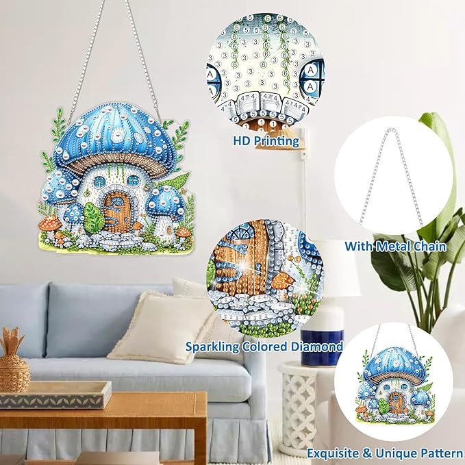 DOMROM Mushroom Diamond Art Hanging Kits for Adults, Easter Special Shaped Crystal Diamond Painting Mushroom Pendant, DIY Diamond Art Suncatchers for Home Garden Wall Decor Gift