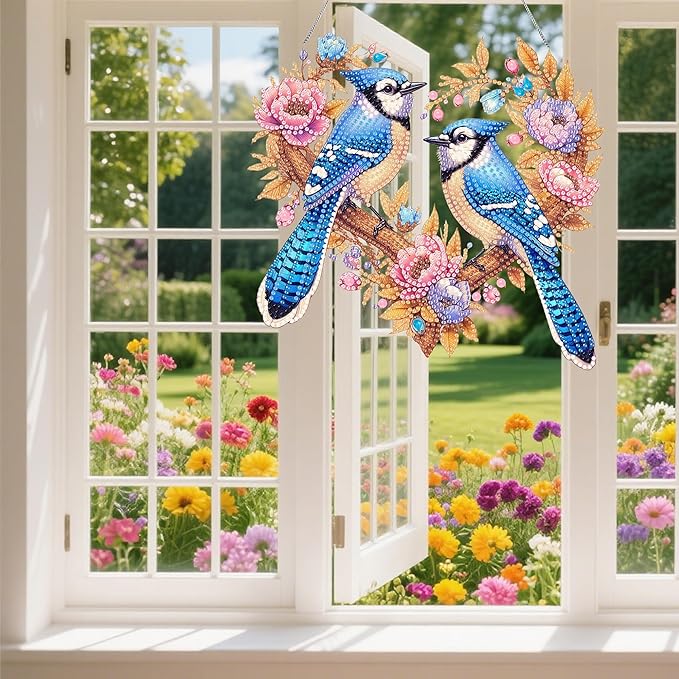 Ristpal Diamond Painting Kits Hanging for Adult, Special Shaped Rhinestone, DIY Acrylic Diamond Art Painting Window Pendants Home Garden Wall Hanging Kits for Home Decor and Gifts (Birds)