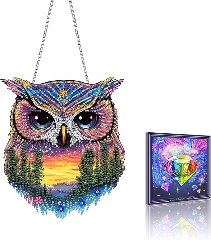 VAIIEYO Owl Diamond Art Hanging Ornament, Animal Diamond Painting Suncatchers Window Hanging Kit with Chain, 7.5x7.5 inch Crystal Pendant Art Craft for Gift Home Wall Front Door Decoration