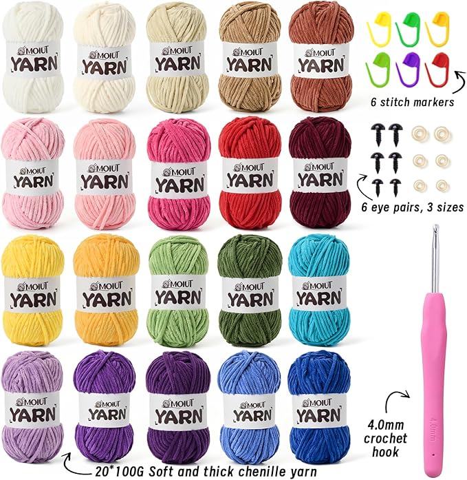 20 Pack Velvet Yarn for Knitting, Chunky Chenille Yarn for Crocheting, Baby Yarn for Crocheting Soft Blanket, Super Bulky 70.5oz(1750yds), Multicolor Amigurumi Yarns Set B