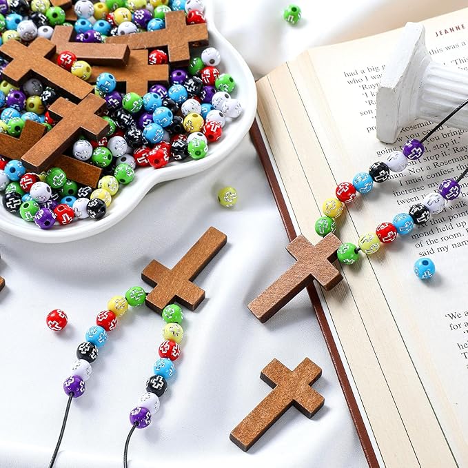 Kathfly 277 Pcs Wooden Cross Necklace Crafts Sunday School Crafts Kit DIY Christian Catholic Rosary Cross Pendant Religious Charms with Colorful Beads for VBS Church Men Women