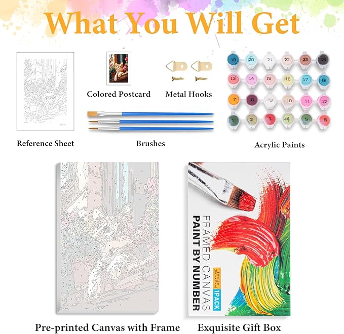 Okarina Framed Paint by Numbers Kit for Adults Beginner Cute Cat, Adult Paint by Number Kits on Canvas Framed Cat, DIY Acrylic Oil Painting by Numbers with Frame, Perfect for Home Decor 8 X 12 Inch