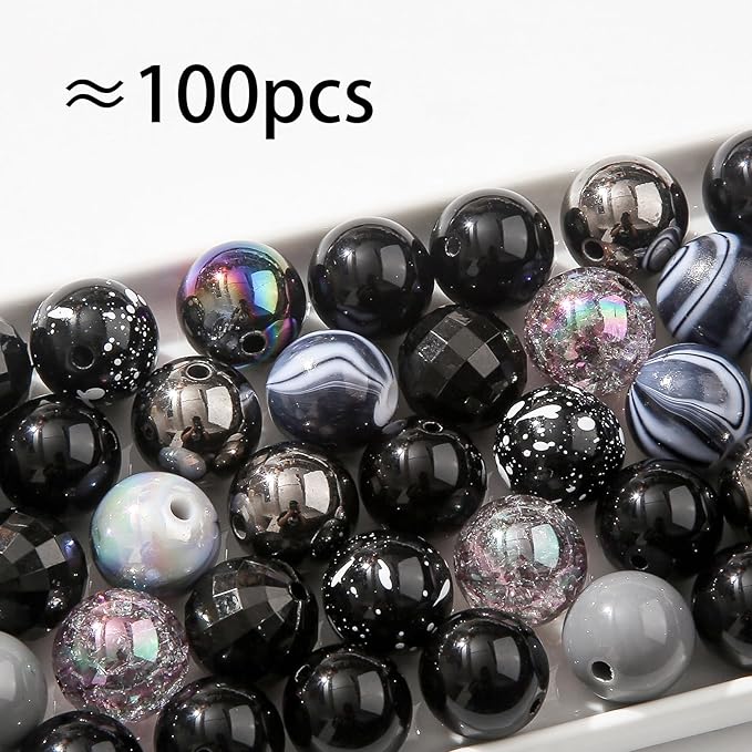 16mm Acrylic Bead 100pcs Black Focal Spacer Bead Chunk Bubblegum Beads for DIY Crafting Necklace Bracelet Jewelry Making Keychain (Black)