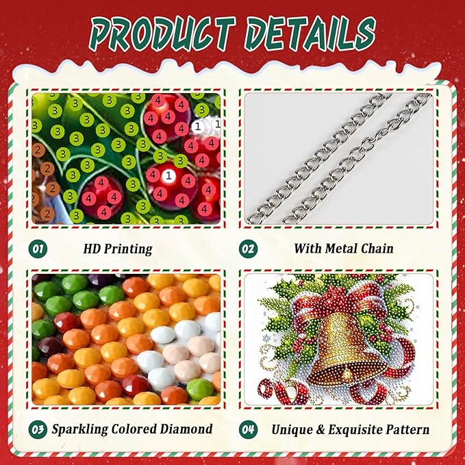 EMIEAUFG Christmas Diamond Art Hanging Kit for Adult, Xmas Bell Diamond Art Pendants, Double Sided Acrylic & 5D Special Shaped Rhinestone, Christmas DIY Ornament for Window Home Wall Decor
