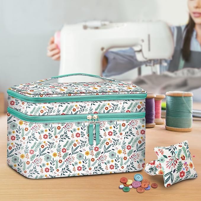 FINPAC Sewing Accessories Storage and Organizer Case, Double-Layer Sewing Kits Carrying Bag with Wrist Pin Cushion for Threads, Needles, Embroidery Floss Supplies, Felting Kits (Spring Bloom)
