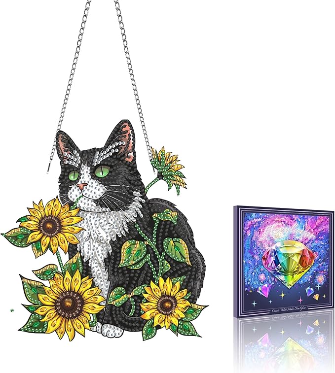 VAIIEYO Cat Diamond Art Hanging Ornament, Sunflower Animal Diamond Painting Suncatchers Window Hanging Kit with Chain, 7.5x7.5 inch Crystal Pendant Art Craft for Gift Home Wall Front Door Decoration