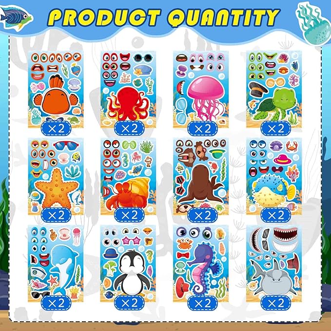 24 sheets ocean animal stickers for kids, make a face sticker, make your own sea animal stickers for kids activities supplies crafts, ocean sea party favors