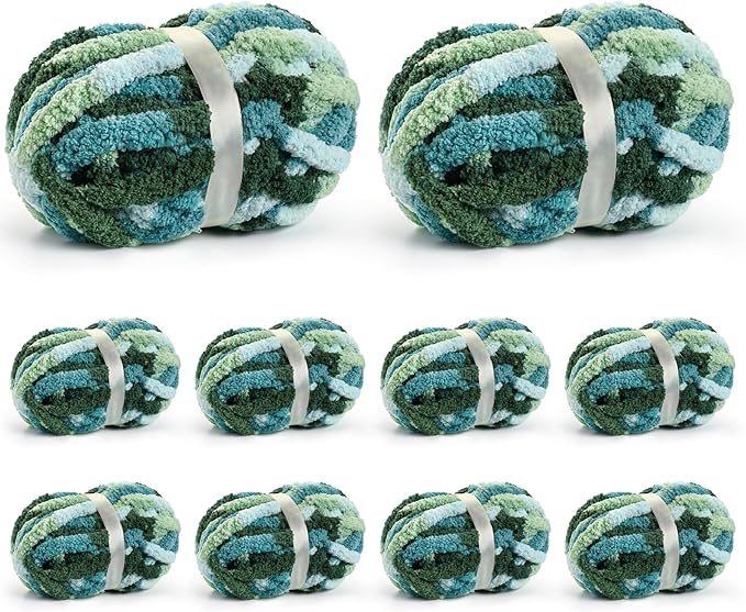 10 Pack Jumbo Chunky Yarn for Hand Knitting, Fluffy Chunky Chenille Yarn for Crocheting, Variegated Chunky Knit Baby Blanket Yarn, 240 yds /70.5 oz Super Bulky Yarn（Mint-Teal-Green）
