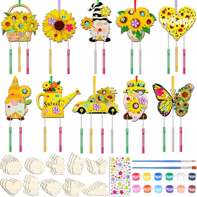 JellyArch 30 Pack Summer Sunflower Wind Chime Making Kit, Make Your Own Butterfly Gnome Wind Chime Wooden Spring Ornaments for Adults DIY Crafts Activity Birthday Decoration
