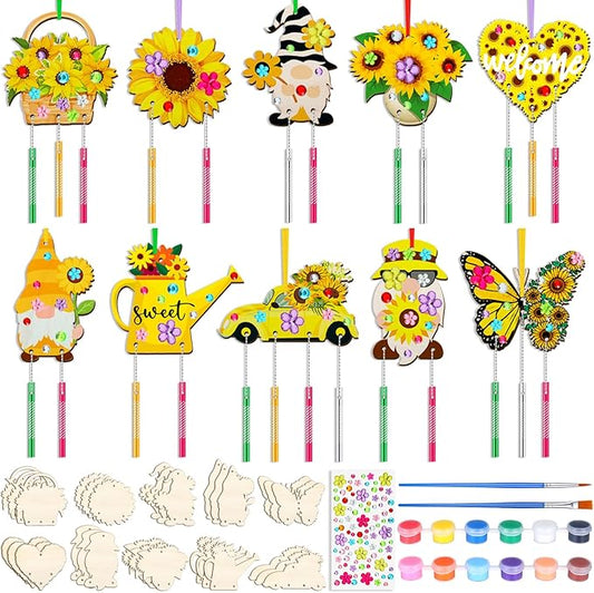 JellyArch 30 Pack Summer Sunflower Wind Chime Making Kit, Make Your Own Butterfly Gnome Wind Chime Wooden Spring Ornaments for Adults DIY Crafts Activity Birthday Decoration