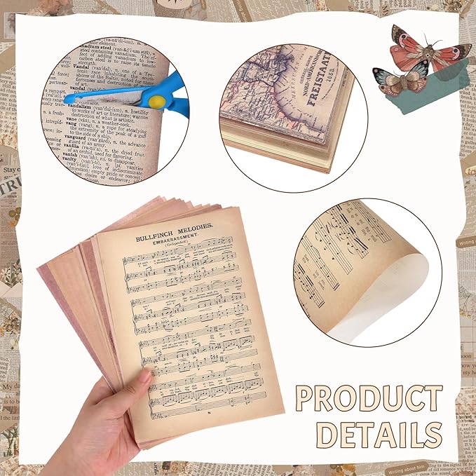 BILLIOTEAM Junk Journal Pages Vintage Handmade Scrapbook Sheets, Including Magazine, Newspaper, Sheet Music and Kraft for Scrapbooking Decoupage Background DIY Craft Decoration 120PCS
