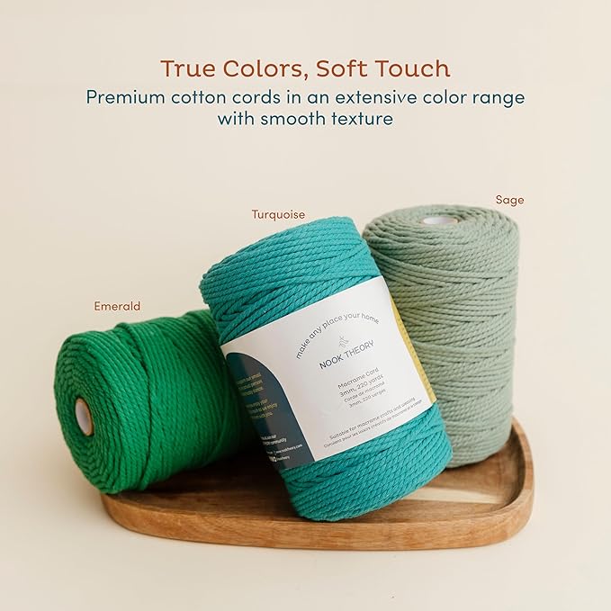 Nook Theory Macrame Cord - 4mm 109 Yards Cotton Rope, 3mm 5mm Yarn, String for Crafts, Perfect for Macrame Wall Hanging and Boho Decorations (Forest Green)