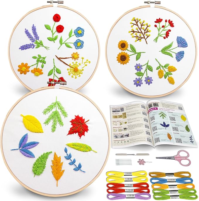 bradove 3 sets leaves and flowers embroidery kit for beginners, beginner embroidery kit for adults, learn to embroider kit adult beginner, stitches kit