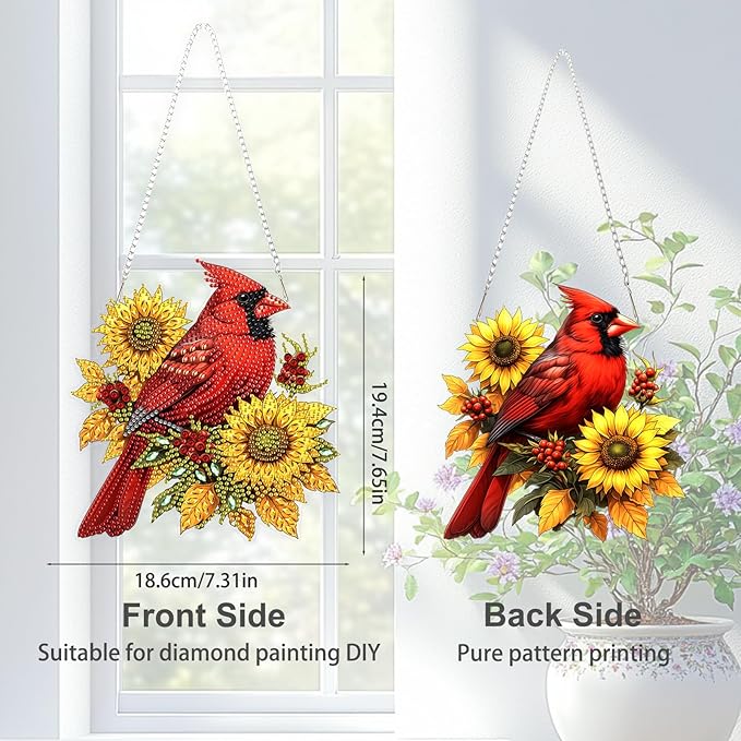 TOSTOG Cardinal Diamond Art Hanging Kits for Adults, Bird Sunflower Diamond Painting for Adults Window Pendant,Special Shape Diamonds Diamond Painting Hanging Pendant Kit for Wall Home Decor Gift