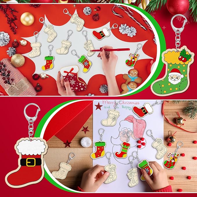 Trnayi 36 Pcs Christmas Stocking Craft Unfinished Wooden Keychains Color Your Own Christmas Stocking Wooden Crafts to Paint Blank Wood Painting DIY Crafts for Xmas Party Home Arts Project Decor
