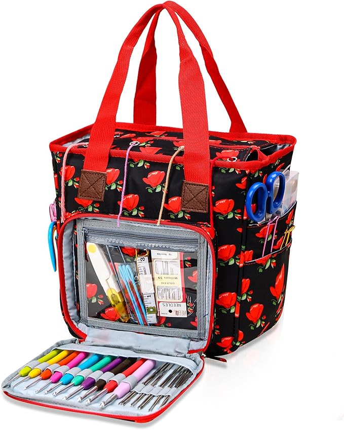LOOEN Knitting Tote Bag with Yarn Hole, Crochet Bag Storage Organizer, Knitting Bag with Hole,Crochet Storage（Dainty Rose）