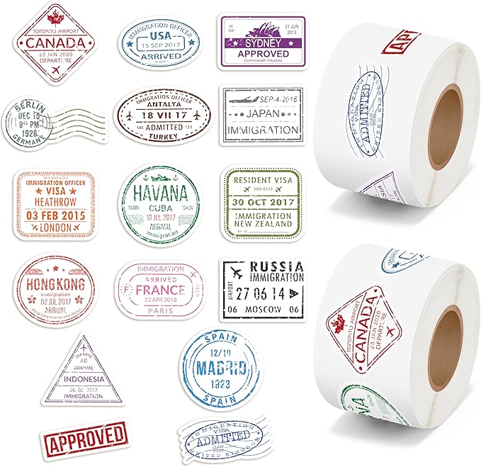 h1vojoxo passport stamps sticker rolls - 1000pcs decorative mini vintage travel country stickers for luggage 16 countries retro travel passport stamps stickers for adults laptops suitcases scrapbook