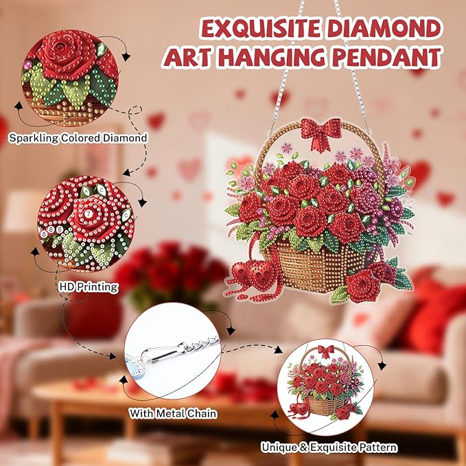 Bowetile Valentine's Day Diamond Art Hanging Kits for Adults, Diamond Art Suncatchers Red Rose Basket, 5D Special Shape Diamond Painting Flower Pendant Window Ornament Gifts for Home Door Wall Decor