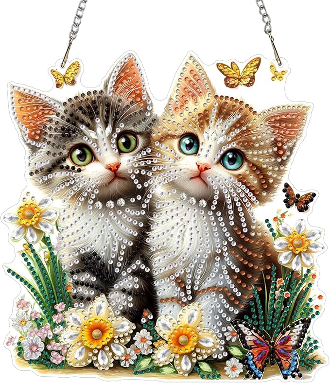 KEYIFA Cats Diamond Painting Kit, DIY Flowers Diamond Art for Adults, Diamonds Pendant Special Shaped Rhinestone Window Hanging Ornaments Home Garden Wall Door Decoration, 20cm Width