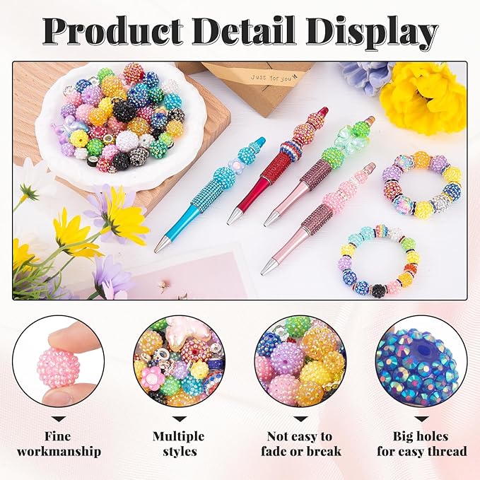 202 PCS HUISUYTON Rhinestone Beads for Jewelry Making, Included 70 Pcs Rhinestone Bead and 132 Pcs Spacer Bead, Sparkly Crystal Clay Beads for Bracelet Baseball Necklace Earring Crafting