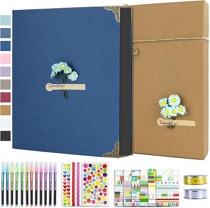 Vienrose DIY Scrapbook Photo Album Kit with Pens Tapes and Stickers 60 Pages Hardcover 8.5x11 Inches 3 Rings Removable Black Paper Scrapbooking for Lover Friends Kids Wedding Blue