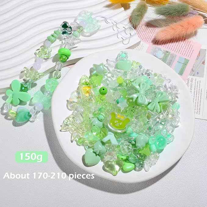 Assorted Acrylic Beads for Bracelet Making Kit, 150g Green Cute Beads for Keychain Making, Kandi Charms, Kawaii Jewelry Making, DIY Crafts