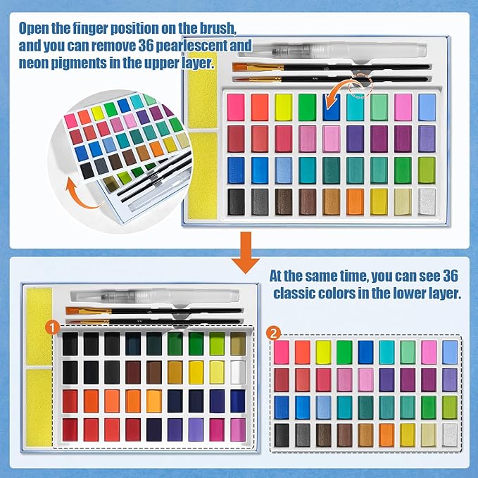 72 Colors Large Block Watercolor Paint Set for Watercolors Workbook, Portable Water Colors Paint Kit with 2 Paintbrushes 1 Waterbrush for Painting Beginners & Professional Amateur (72 Colors)
