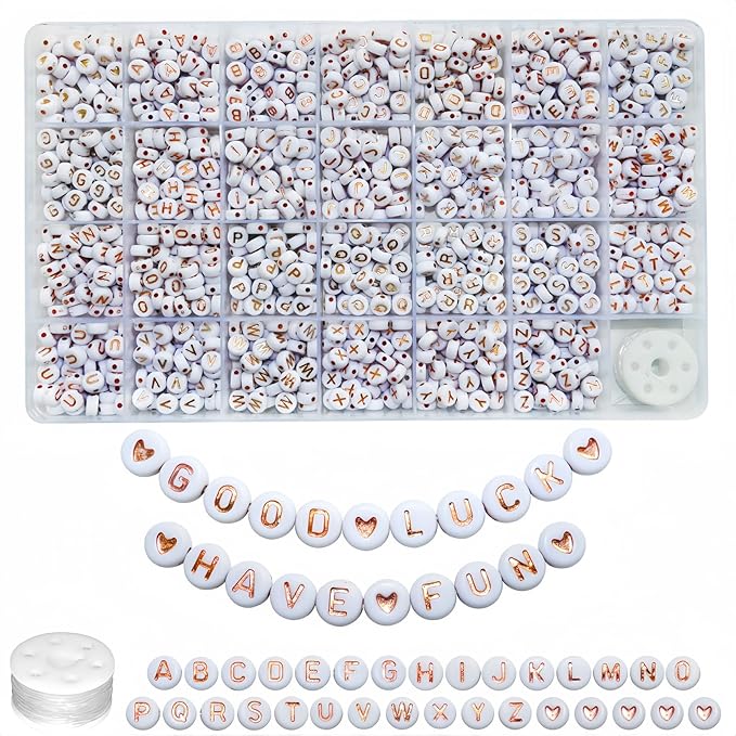 1400pcs Rose Gold Letter Beads 4x7mm White Round Acrylic Alphabet A-Z Heart Pattern Beads and Crystal Line for Jewelry Making Bracelets Necklaces Key Chains