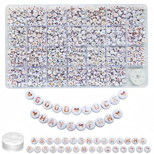 1400pcs Rose Gold Letter Beads 4x7mm White Round Acrylic Alphabet A-Z Heart Pattern Beads and Crystal Line for Jewelry Making Bracelets Necklaces Key Chains