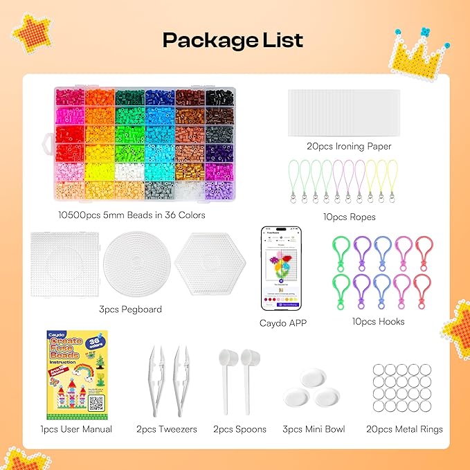 Caydo Fuse Beads Kit with Pattern-Generating App, 10500PCS 36 Colors 5mm Beads for Beginners with Pegboardx, Ironing Paper, Tweezers & Keychain Accessories for 5+Girls Home & School Projects, Gift