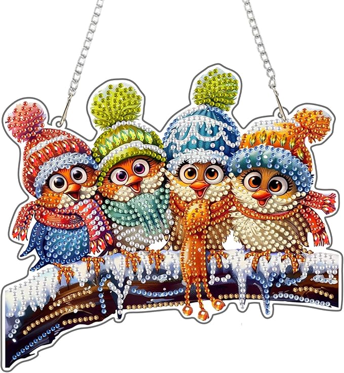 KEYIFA Christmas Diamond Painting Kit, DIY Birds Diamond Art for Adults, Diamonds Painting Pendant Special Shaped Rhinestone Window Hanging Ornaments Home Garden Wall Door Decoration, 20cm Width