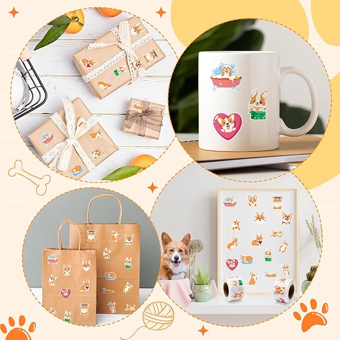 beyumi cute corgi roll stickers - 1000pcs corgi stickers in 2 rolls waterproof vinyl cute fancy pets dogs animal decals for cars phone laptop bottle notebook luggage computer envelope decor for kids
