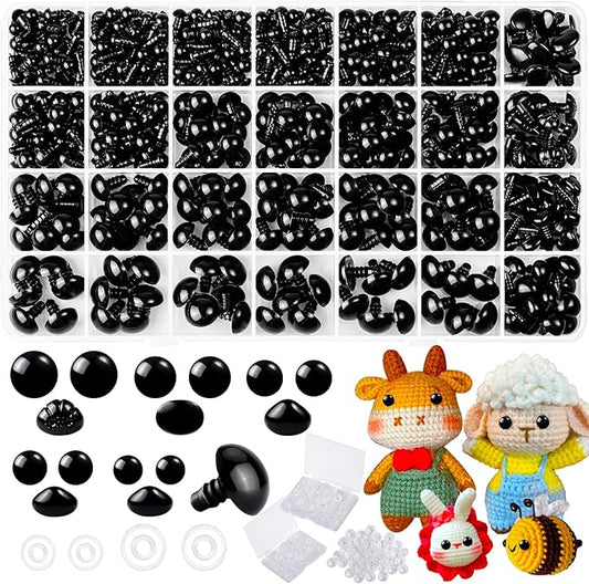 1000 Pcs 6-14mm Safety Eyes and Noses for Crocheting, Black Plastic Safety Eyes with Washers, Craft Doll Eyes for Stuffed Animals, DIY Accessories, Safety Eyes for Amigurumi, Assorted Sizes