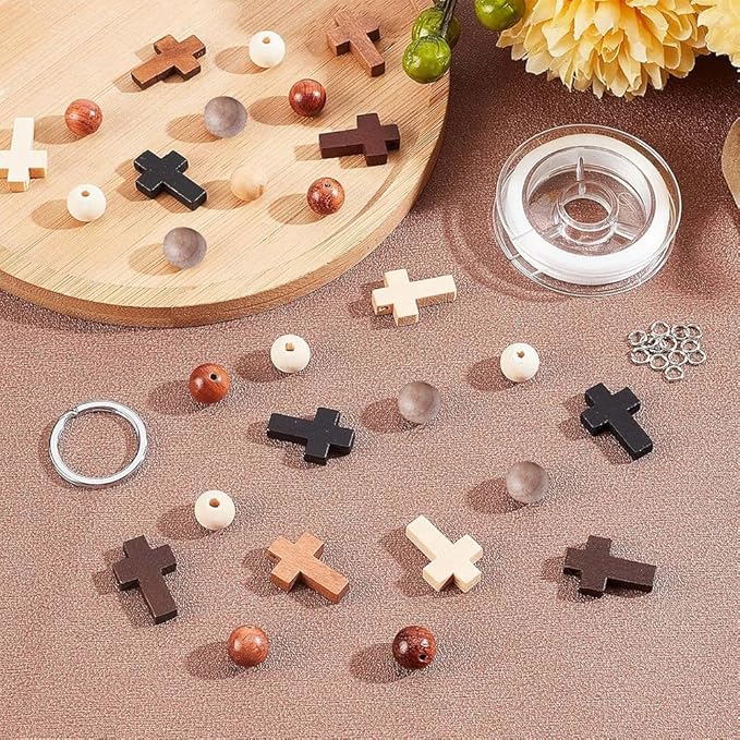 SUNNYCLUE 250Pcs Wood Cross Charms Easter Holiday Small Cross Beads Bulk Wooden Round Unfinished Wood Bead 10mm Beading Keychain Making Kit Mini Charm for Keychains Bracelets DIY Craft