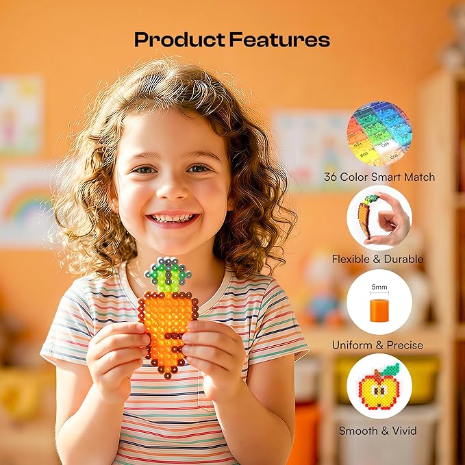 Caydo Fuse Beads Kit with Pattern-Generating App, 10500PCS 36 Colors 5mm Beads for Beginners with Pegboardx, Ironing Paper, Tweezers & Keychain Accessories for 5+Girls Home & School Projects, Gift