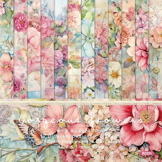 YASMEN Flowers Scrapbook Paper Pad, 6x6 Single-Sided Valentine Cardstock Paper Pad for Card Making, Journals, Planner, DIY Envelopes, Greeting Cards, Decorative Art Craft -24 Sheets