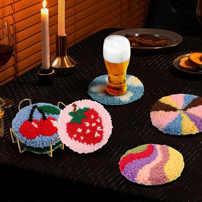 AIRDEA Punch Needle Drink Coasters Kit,Casual Punch Needle Embroidery Complete Kits for Beginner 3.29x3.29 Inches,Included All Accessories,DIY Car Coasters (Multicolored)