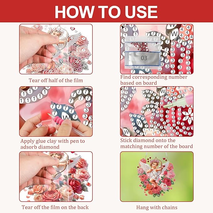 CEOVR Valentine's Day Hanging Diamond Art for Adults, Cupid Special Shape Diamond Painting, DIY Gem Art Wall Hanging Ornament, Acrylic Home Garden Decor with Chain, Box Kit 7.43×7.87inch