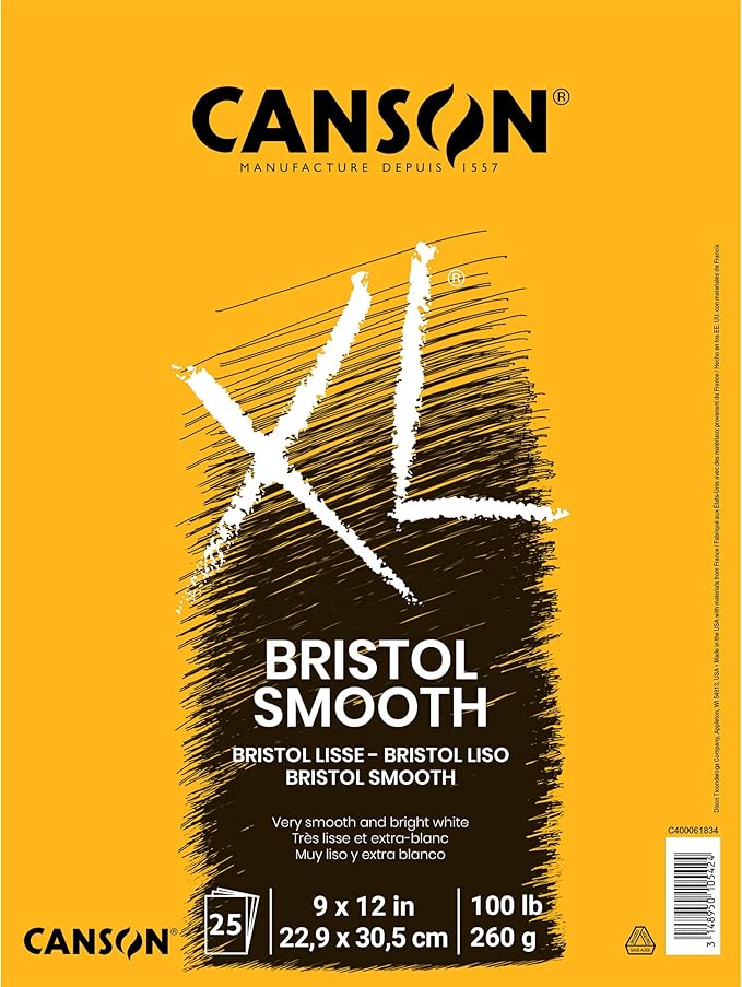 Canson XL Series Bristol Paper, Smooth, Foldover Pad, 9x12 inches, 25 Sheets (100lb/260g) - Artist Paper for Adults and Students - Markers, Pen and Ink