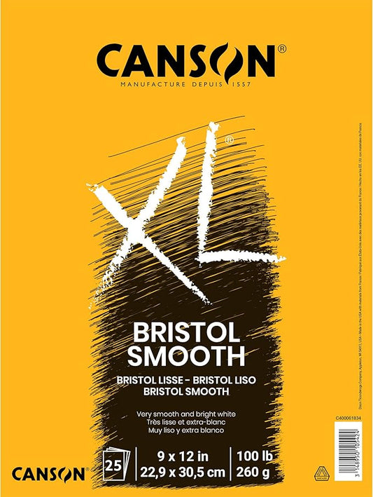 Canson XL Series Bristol Paper, Smooth, Foldover Pad, 9x12 inches, 25 Sheets (100lb/260g) - Artist Paper for Adults and Students - Markers, Pen and Ink