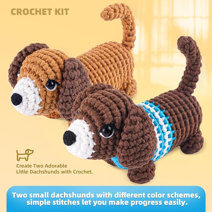 MOREJMTT Crochet Kit for Beginners, Learn to Crochet, Include Easy Knitting Soft Yarn, Step-by-Step Video Tutorial, Hook, Holiday Birthday Gift for Adults (Sausage Dog)