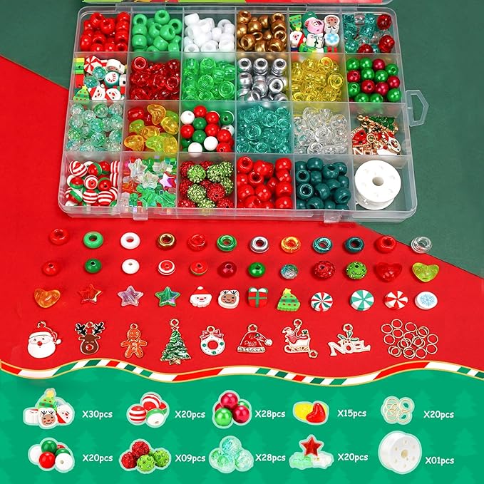 Christmas Beads for Bracelets, 500Pcs Pony Beads Kit with Christmas Tree Snowflake Charms Xmas Party Decor Red Green Assorted Bead Gifts for Girls Kids DIY Jewelry Making Crafts Stocking Stuffers