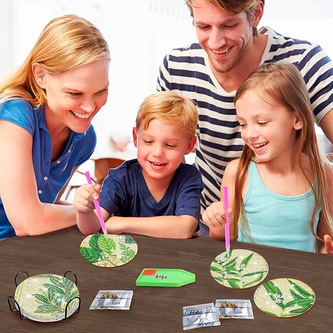 8 Pcs Diamond Painting Coasters | Leaves Diamond Art Coasters | Perfect Art Craft Gift for Leaves Lover, Dad, Mom, Grandparents, Brother, Sister
